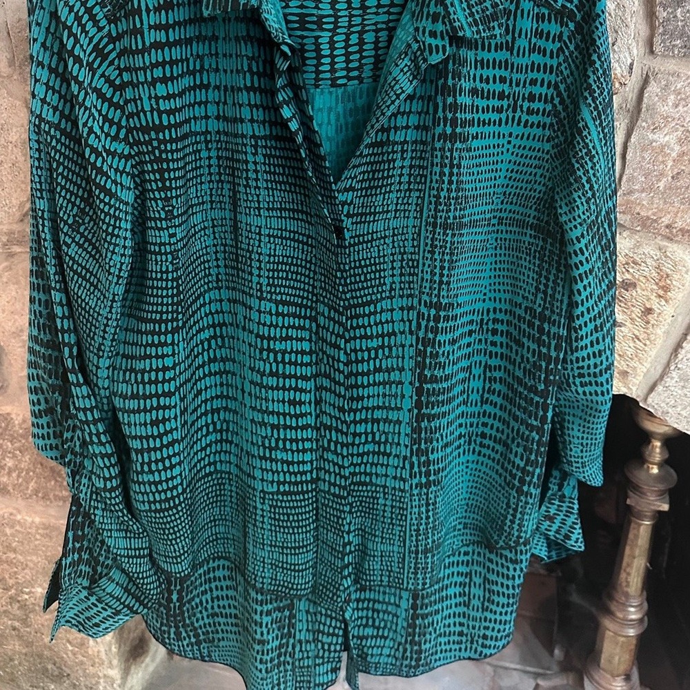 Calvin Klein Jeans M Teal Black Abstract Print Button Down Blouse Tunic Shirt - Picture 2 of 8